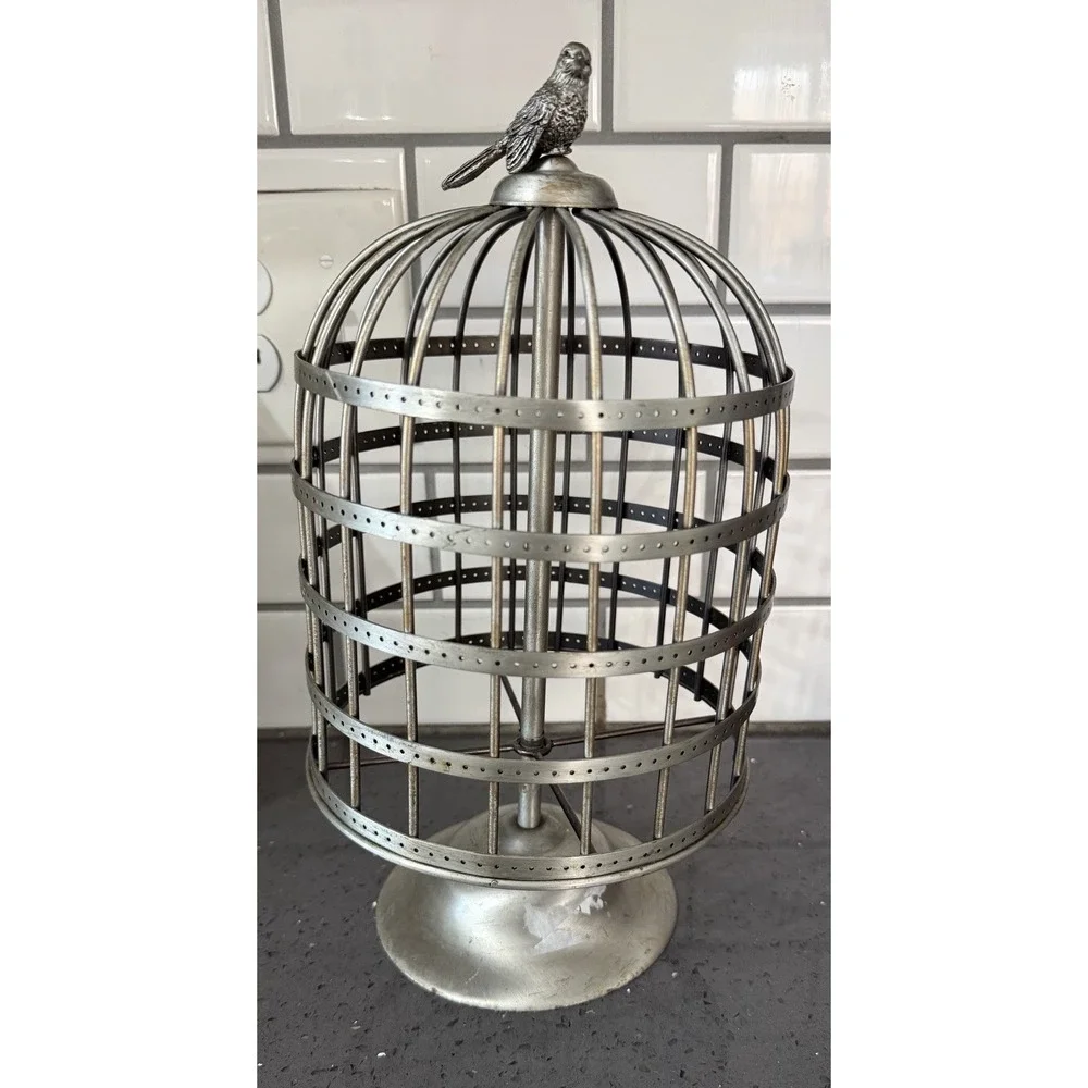 Vtg Metal Birdcage Bird Cage Silver Tone Round Jewelry Holder Patina Display